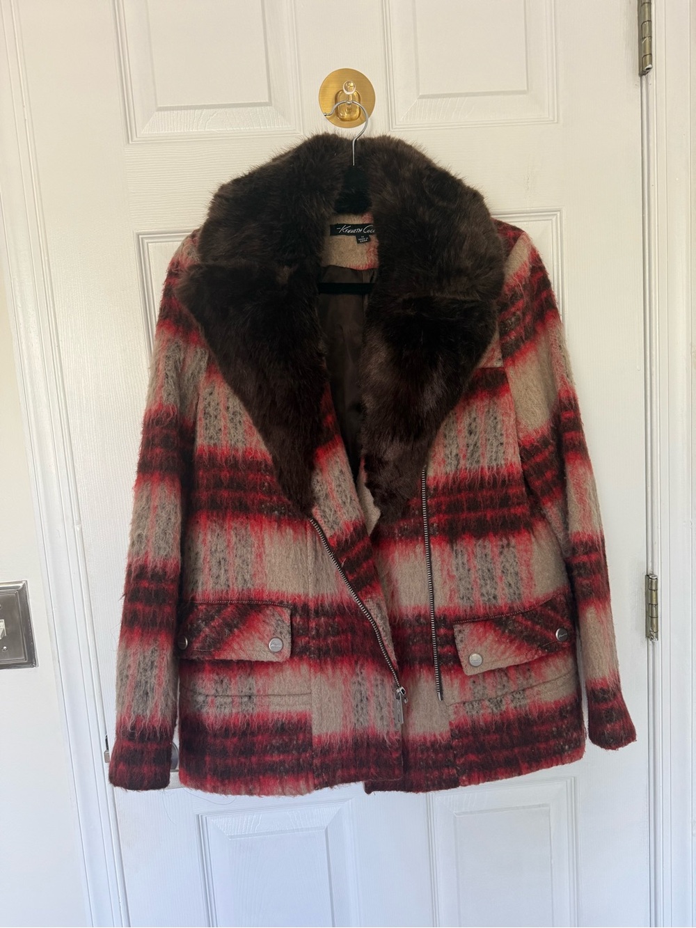 Kenneth Cole Plaid Red and Cream Fur-Collar Women's Coat